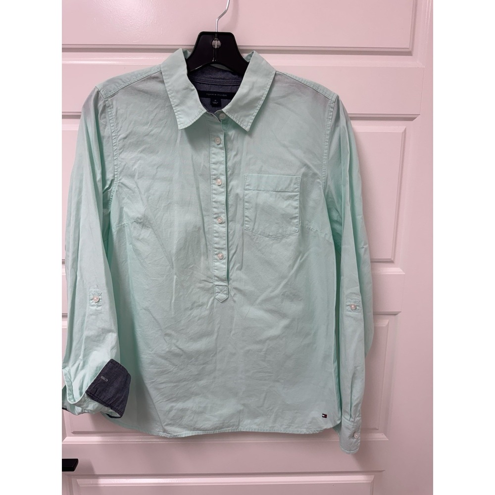 Tommy Hilfiger Womens Medium Green Long Sleeve Half Button Blouse Roll Tab Top